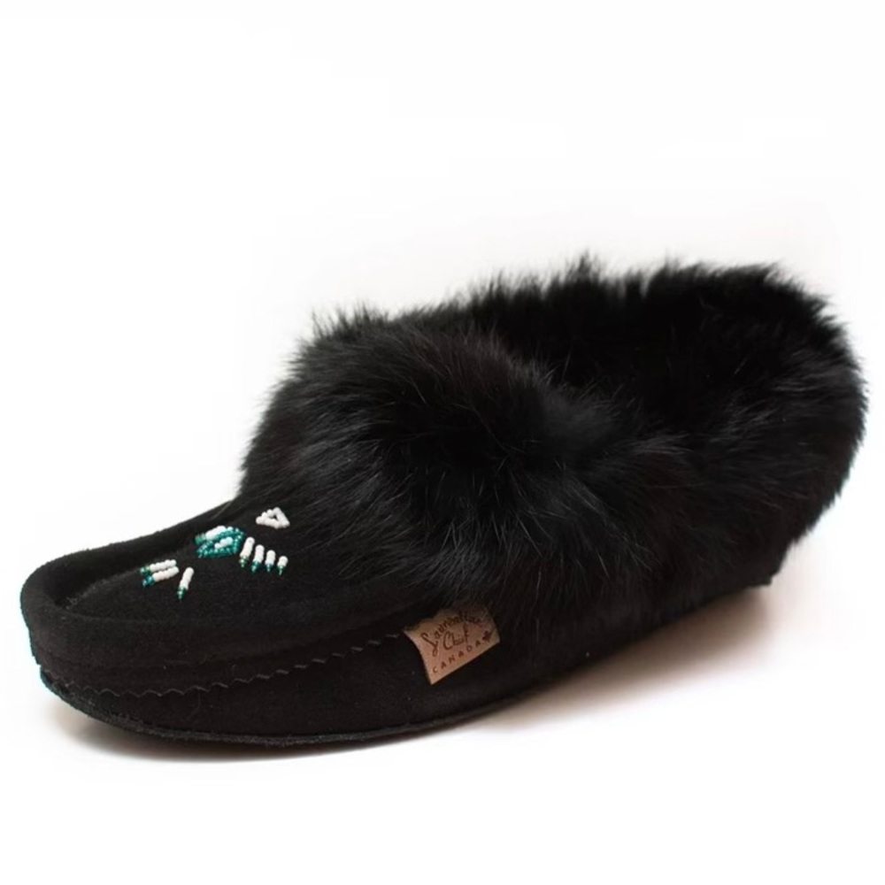 Laurentian Chief Genuine Black Suede and Rabbit Fur Moccasins